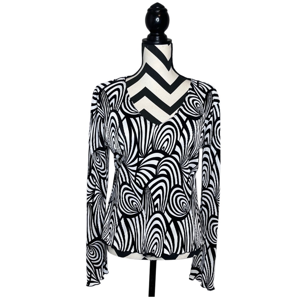 Vintage Y2K Retro Psychedelic Sz L Black & White Swirl Bell-Sleeve V-Neck Top